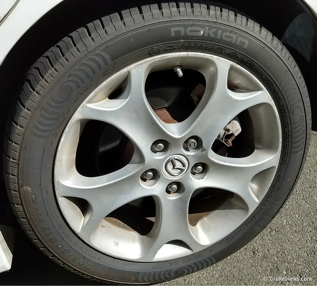 The Nokian eNTYRE tire in 205/50R17 size mounted on a Mazda5